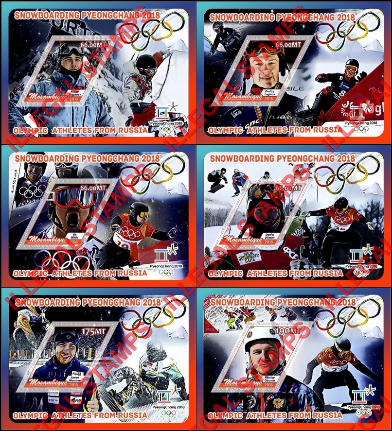  Mozambique 2018 Olympic Games in PyeongChang Snowboarding Russian Athletes Counterfeit Illegal Stamp Souvenir Sheets of 1