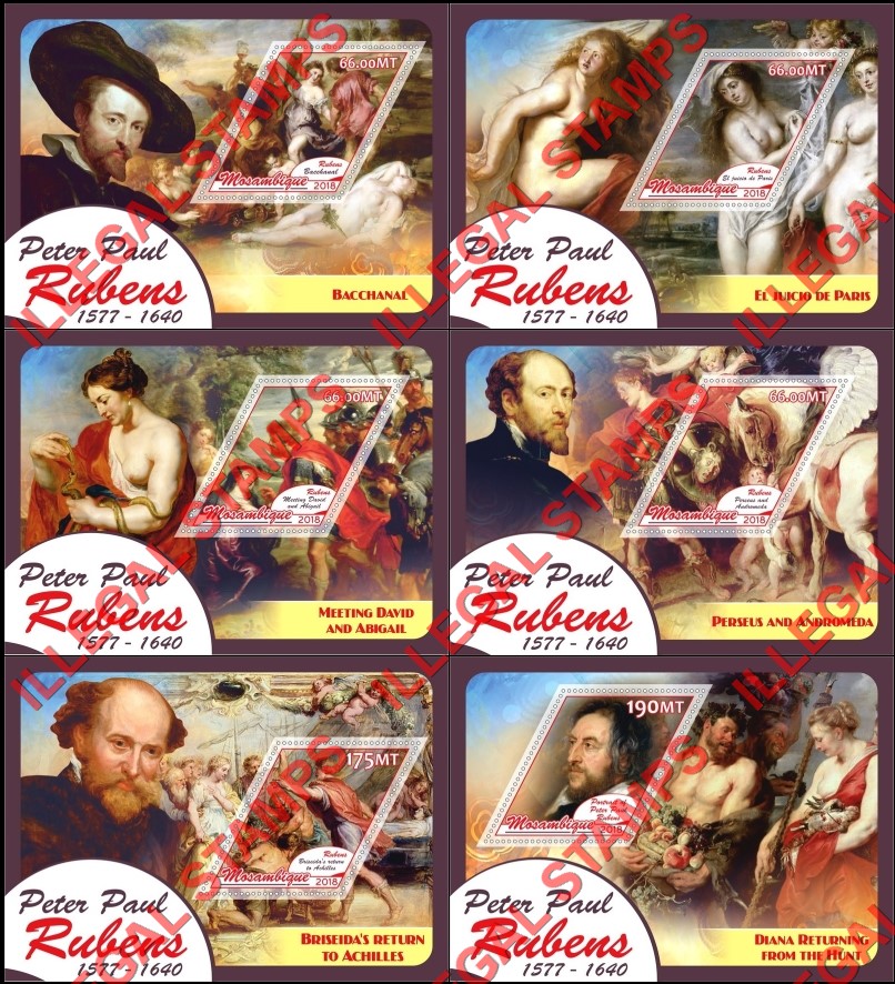  Mozambique 2018 Paintings by Peter Paul Rubens Counterfeit Illegal Stamp Souvenir Sheets of 1