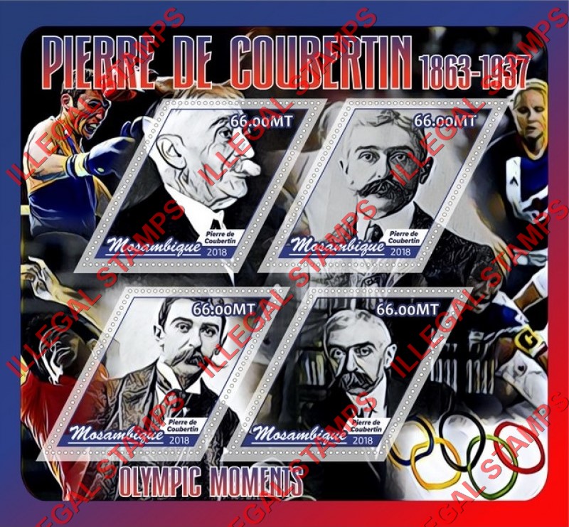 Mozambique 2018 Pierre de Coubertin Counterfeit Illegal Stamp Souvenir Sheet of 4