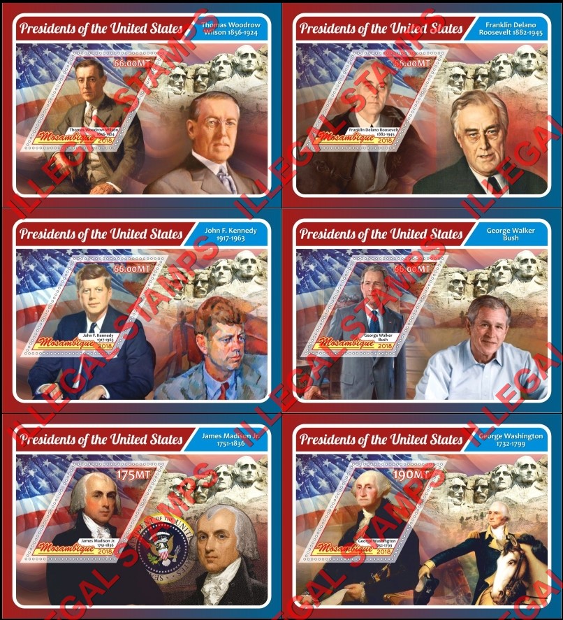  Mozambique 2018 Presidents of the United States Counterfeit Illegal Stamp Souvenir Sheets of 1