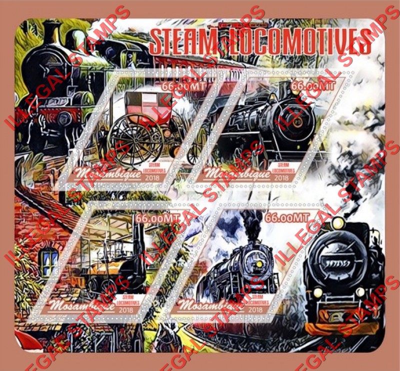  Mozambique 2018 Steam Locomotives Counterfeit Illegal Stamp Souvenir Sheet of 4
