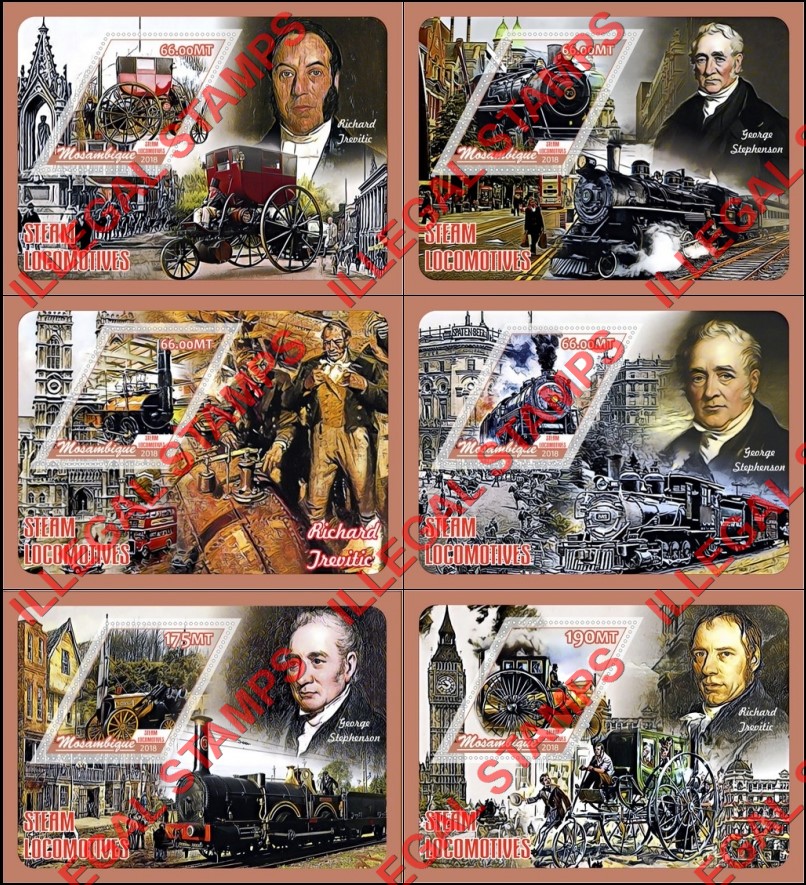  Mozambique 2018 Steam Locomotives Counterfeit Illegal Stamp Souvenir Sheets of 1
