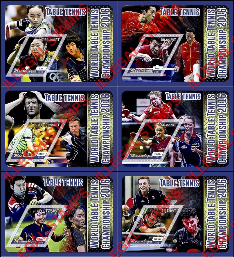  Mozambique 2018 Table Tennis World Championship in 2016 Counterfeit Illegal Stamp Souvenir Sheets of 1