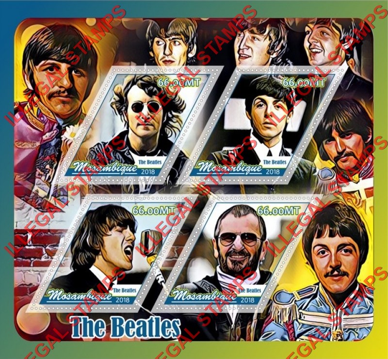  Mozambique 2018 The Beatles Counterfeit Illegal Stamp Souvenir Sheet of 4