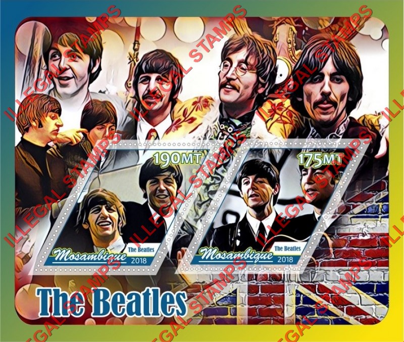  Mozambique 2018 The Beatles Counterfeit Illegal Stamp Souvenir Sheet of 2