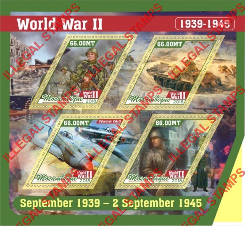  Mozambique 2018 World War II Counterfeit Illegal Stamp Souvenir Sheet of 4