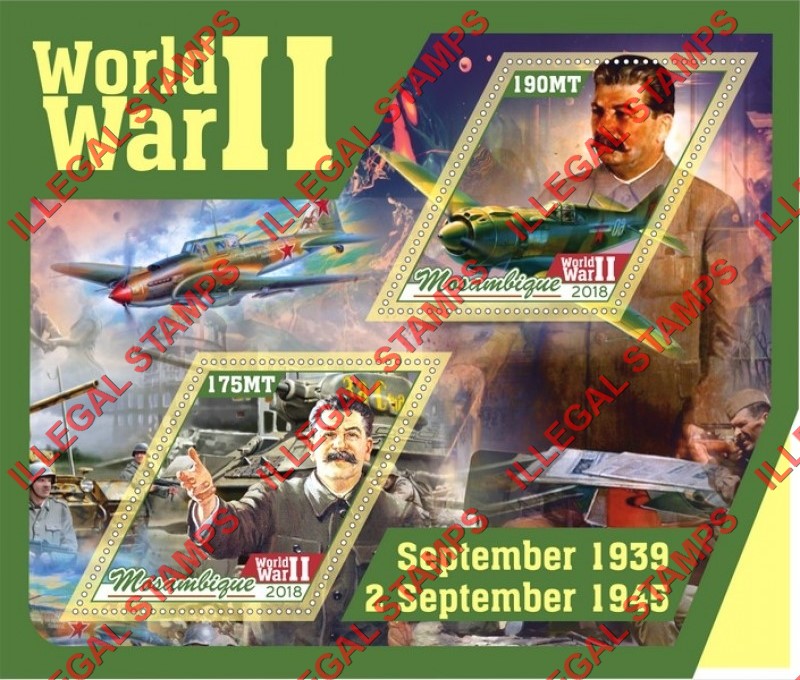 Mozambique 2018 World War II Counterfeit Illegal Stamp Souvenir Sheet of 2