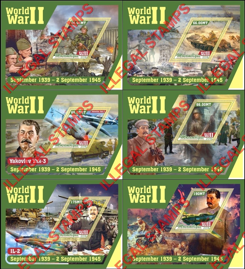  Mozambique 2018 World War II Counterfeit Illegal Stamp Souvenir Sheets of 1