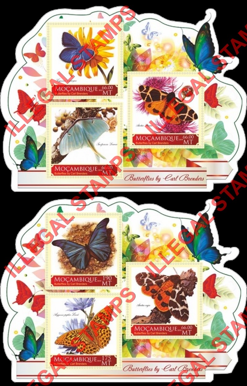  Mozambique 2019 Butterflies Paintings by Carl Brenders Counterfeit Illegal Stamp Souvenir Sheets of 3