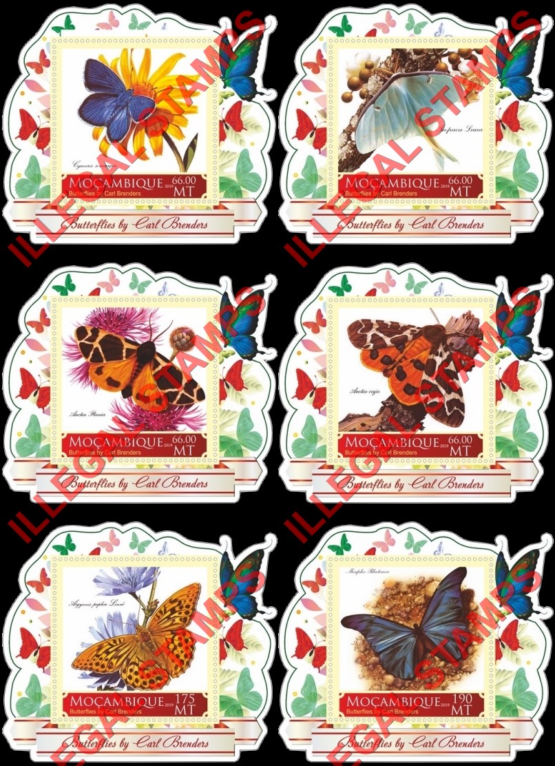  Mozambique 2019 Butterflies Paintings by Carl Brenders Counterfeit Illegal Stamp Souvenir Sheets of 1