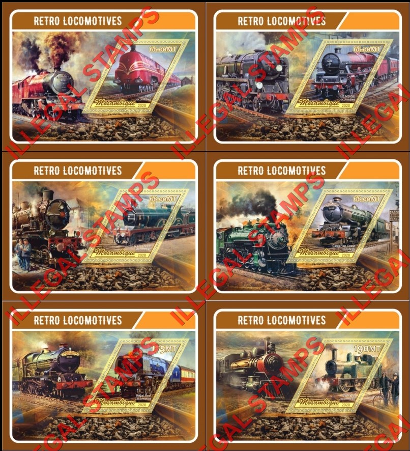  Mozambique 2020 Retro Locomotives Counterfeit Illegal Stamp Souvenir Sheets of 1