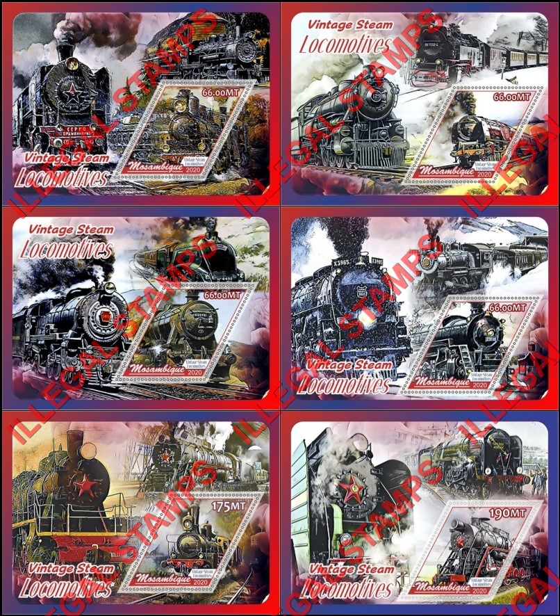  Mozambique 2020 Vintage Steam Locomotives Counterfeit Illegal Stamp Souvenir Sheets of 1