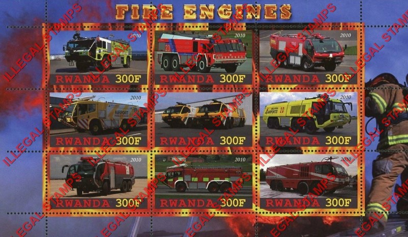 Rwanda 2010 Fire Engines Illegal Stamp Sheet of 9