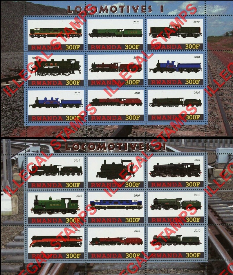 Rwanda 2010 Locomotives Illegal Stamp Sheets of 9