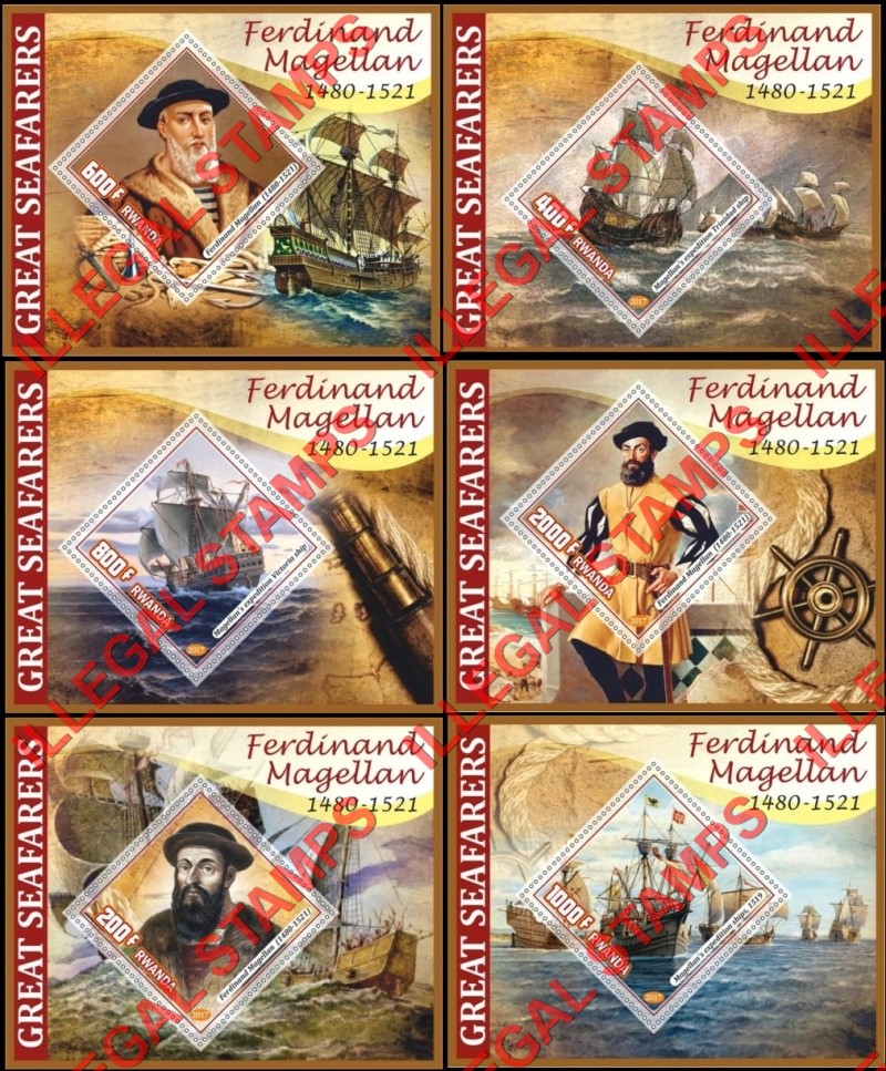 Rwanda 2017 Seafarers Ferdinand Magellan Sailing Ships Illegal Stamp Souvenir Sheets of 1