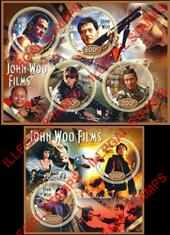 Rwanda 2018 John Woo Films Illegal Stamp Souvenir Sheets of 4 and 2