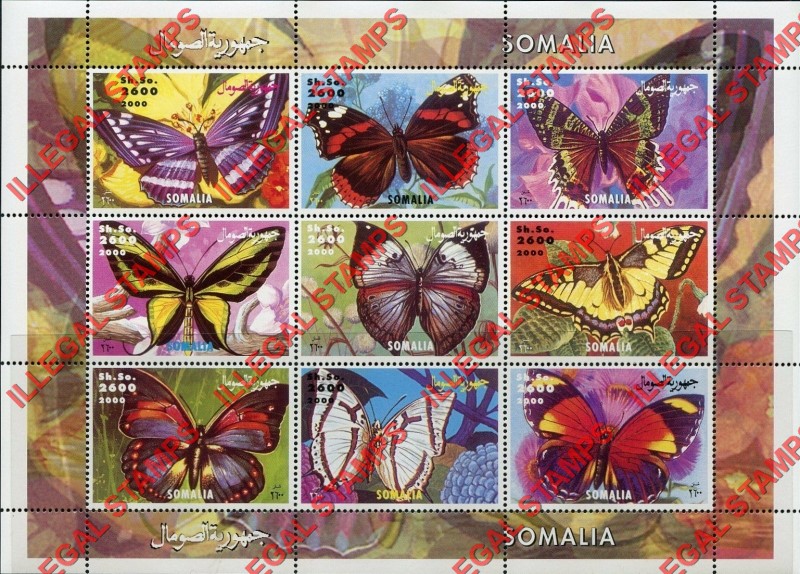 Somalia 2000 Butterflies Illegal Stamp Souvenir Sheet of 9