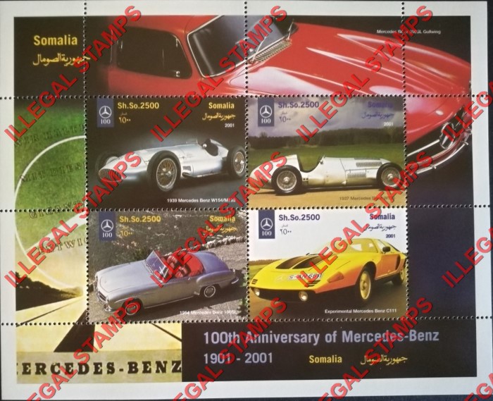 Somalia 2001 Cars Mercedes Benz Illegal Stamp Souvenir Sheet of 4