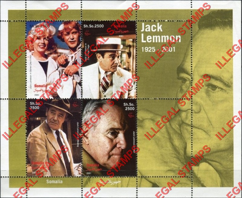 Somalia 2001 Jack Lemmon Illegal Stamp Souvenir Sheet of 4