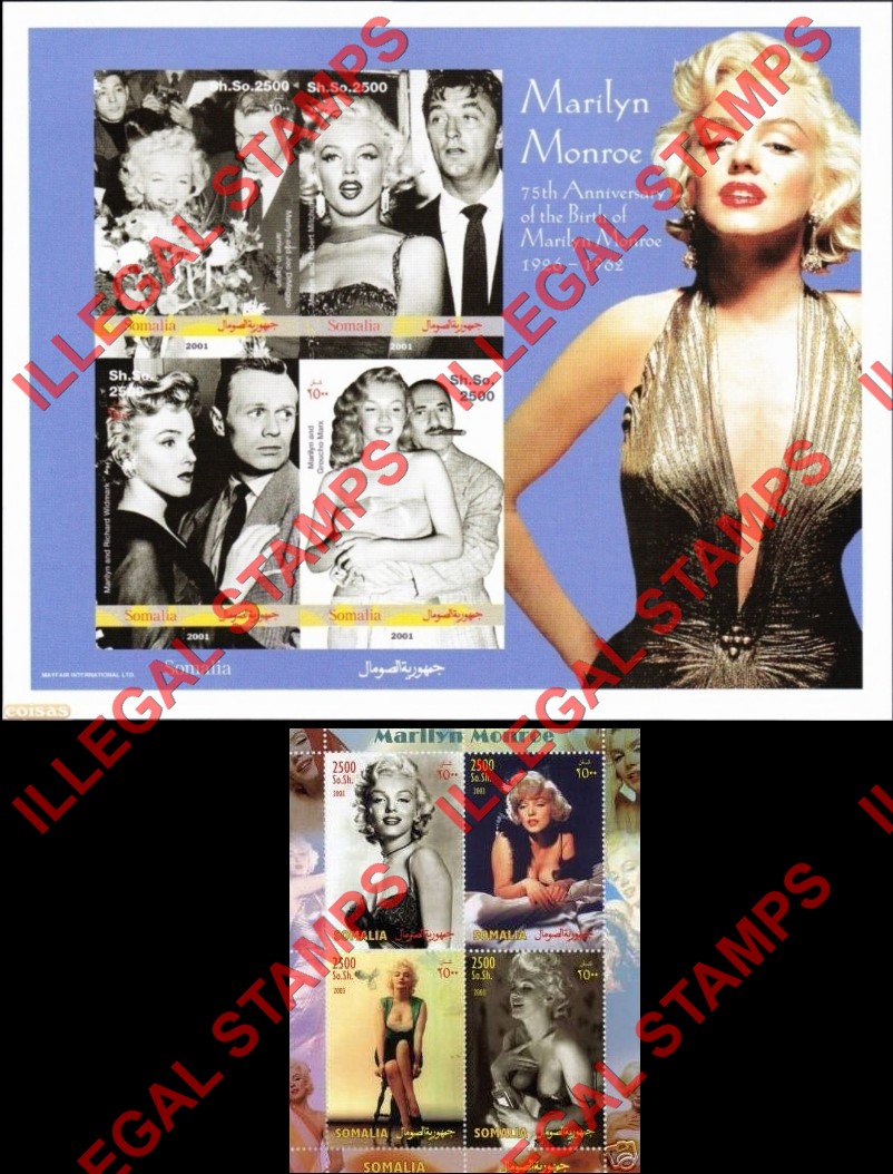 Somalia 2001 Marilyn Monroe Illegal Stamp Souvenir Sheets of 4