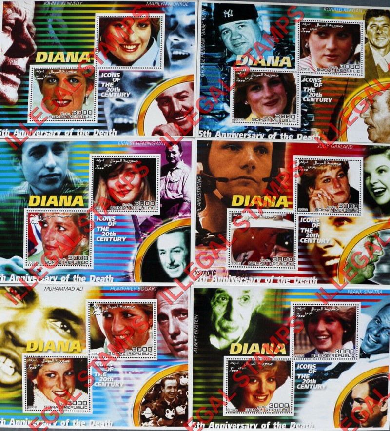 Somalia 2002 Princess Diana Illegal Stamp Souvenir Sheets of 2