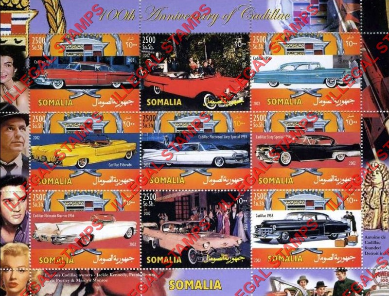 Somalia 2002 Cars Cadillac Illegal Stamp Souvenir Sheet of 9