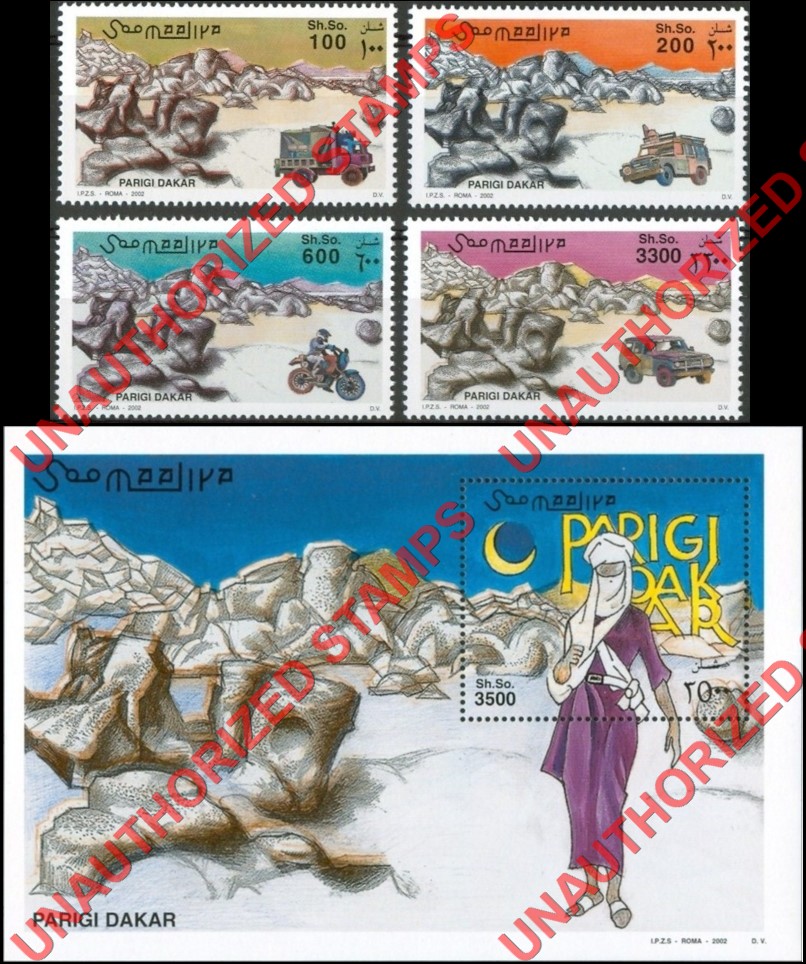 Somalia 2002 Unauthorized IPZS Parigi Dakar Rally Stamps Michel 967-970 BL 95