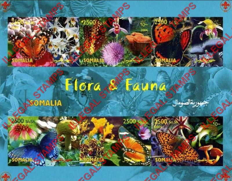 Somalia 2004 Butterflies Mushrooms Orchids Flora and Fauna Illegal Stamp Souvenir Sheet of 6