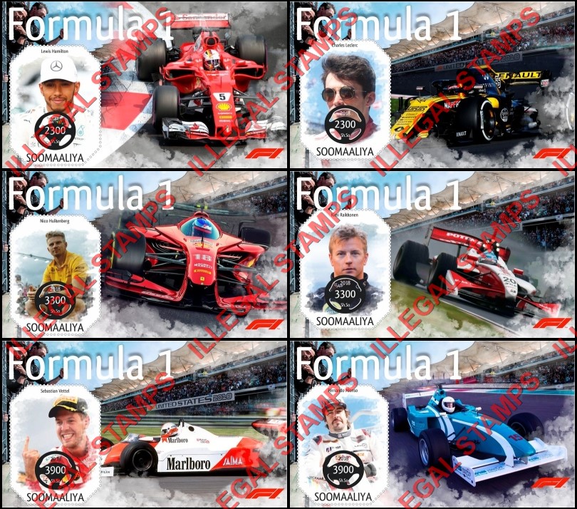 Somalia 2018 Formula I Drivers Illegal Stamp Souvenir Sheets of 1