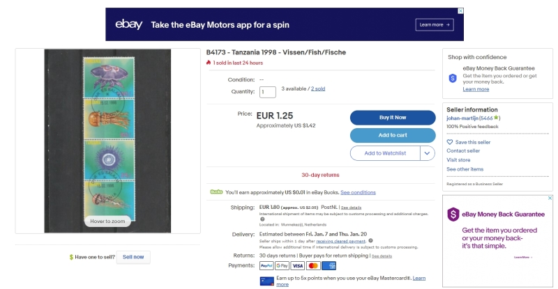 Snapshot of user johan-martijn sale of counterfeit Tanzania 1998 Jellyfish stamps on eBay as of January 2, 2022