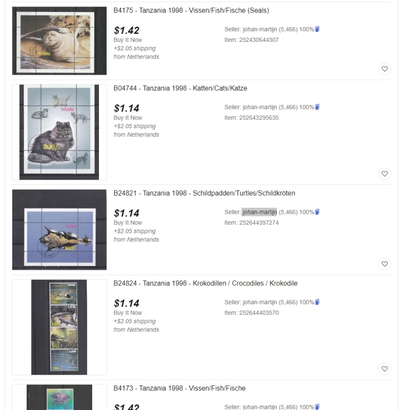 Snapshot of user johan-martijn sales of counterfeit Tanzania 1998 stamps on eBay as of January 2, 2022