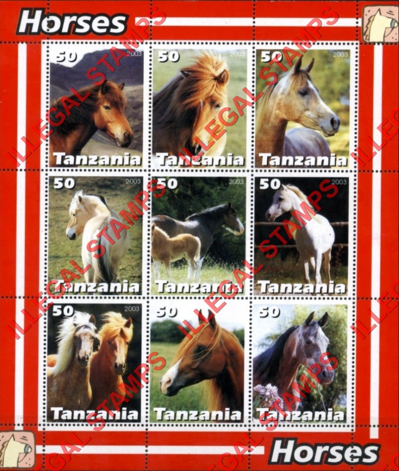 Tanzania 2003 Horses Illegal Stamp Souvenir Sheet of 9 Tanzania 2003 Horses Illegal Stamp Souvenir Sheet of 9