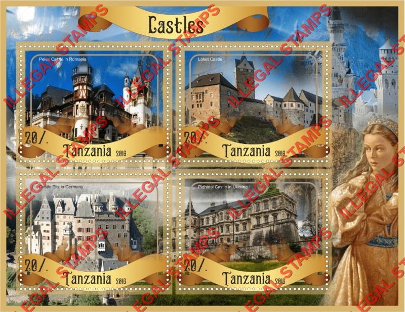 Tanzania 2016 Castles Illegal Stamp Souvenir Sheet of 4 Tanzania 2016 Castles Illegal Stamp Souvenir Sheet of 4