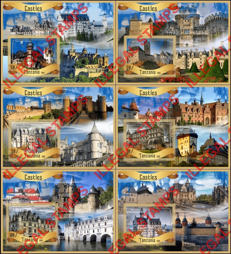 Tanzania 2016 Castles Illegal Stamp Souvenir Sheets of 1 Tanzania 2016 Castles Illegal Stamp Souvenir Sheets of 1