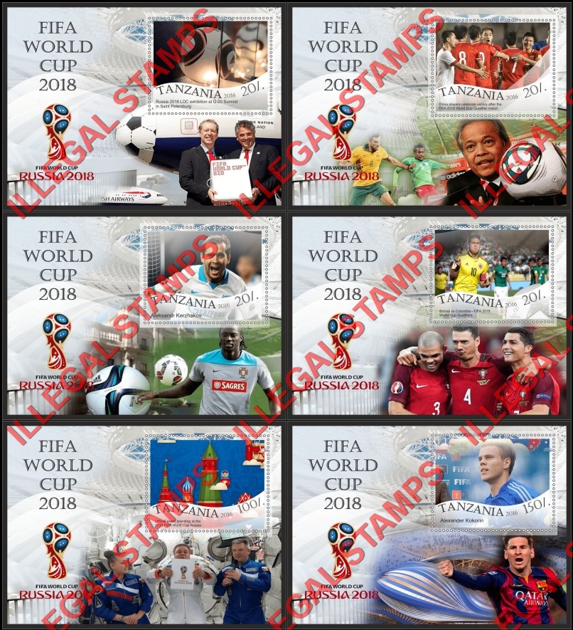 Tanzania 2016 FIFA World Cup Soccer in Russia in 2018 Illegal Stamp Souvenir Sheets of 1 Tanzania 2016 FIFA World Cup Soccer in Russia in 2018 Illegal Stamp Souvenir Sheets of 1