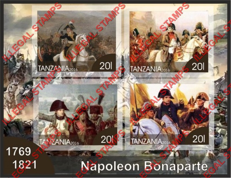 Tanzania 2016 Napoleon Bonaparte Illegal Stamp Souvenir Sheet of 4 Tanzania 2016 Napoleon Bonaparte Illegal Stamp Souvenir Sheet of 4