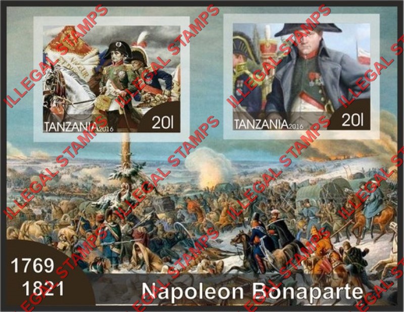 Tanzania 2016 Napoleon Bonaparte Illegal Stamp Souvenir Sheet of 2 Tanzania 2016 Napoleon Bonaparte Illegal Stamp Souvenir Sheet of 2