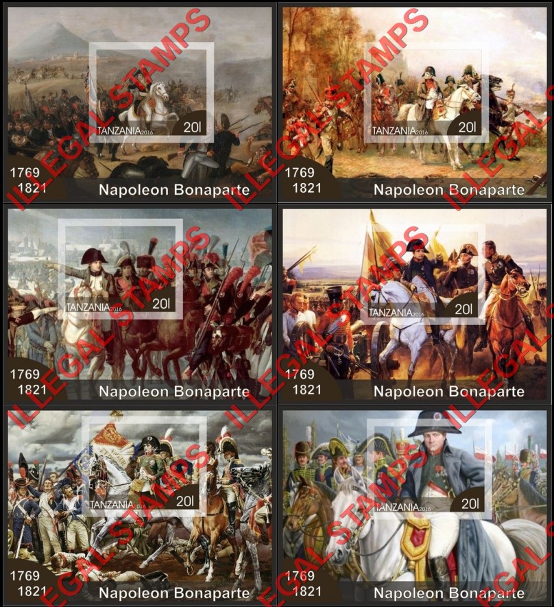 Tanzania 2016 Napoleon Bonaparte Illegal Stamp Souvenir Sheets of 1 Tanzania 2016 Napoleon Bonaparte Illegal Stamp Souvenir Sheets of 1