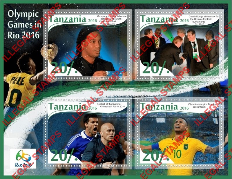 Tanzania 2016 Olympic Games in Rio Football Illegal Stamp Souvenir Sheet of 4 Tanzania 2016 Olympic Games in Rio Football Illegal Stamp Souvenir Sheet of 4