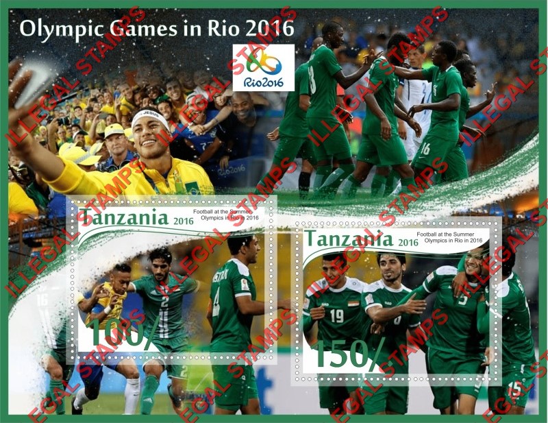 Tanzania 2016 Olympic Games in Rio Football Illegal Stamp Souvenir Sheet of 2 Tanzania 2016 Olympic Games in Rio Football Illegal Stamp Souvenir Sheet of 2