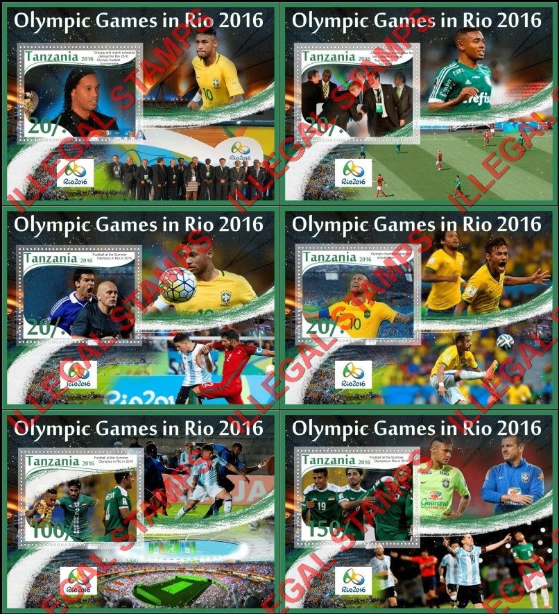 Tanzania 2016 Olympic Games in Rio Football Illegal Stamp Souvenir Sheets of 1 Tanzania 2016 Olympic Games in Rio Football Illegal Stamp Souvenir Sheets of 1