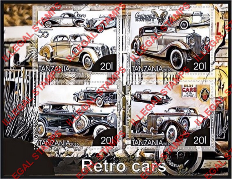 Tanzania 2016 Retro Cars Illegal Stamp Souvenir Sheet of 4 Tanzania 2016 Retro Cars Illegal Stamp Souvenir Sheet of 4