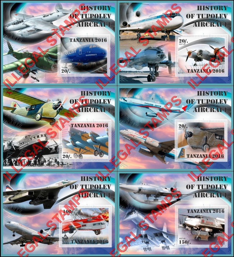 Tanzania 2016 Tupolev Aircraft History Illegal Stamp Souvenir Sheets of 1 Tanzania 2016 Tupolev Aircraft History Illegal Stamp Souvenir Sheets of 1