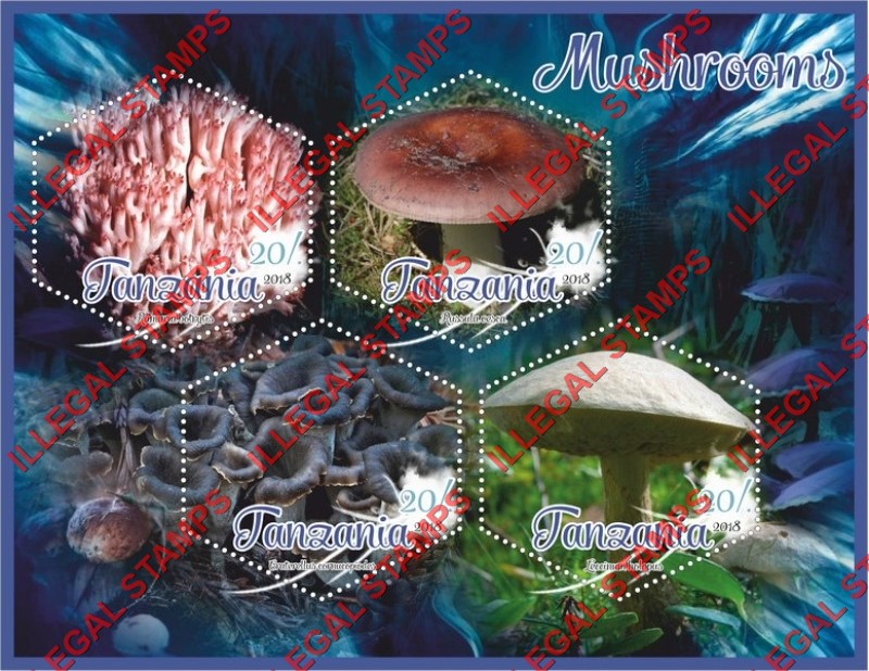 Tanzania 2018 Mushrooms Illegal Stamp Souvenir Sheet of 4 Tanzania 2018 Mushrooms Illegal Stamp Souvenir Sheet of 4