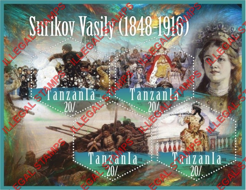 Tanzania 2018 Paintings by Surikov Vasily Illegal Stamp Souvenir Sheet of 4 Tanzania 2018 Paintings by Surikov Vasily Illegal Stamp Souvenir Sheet of 4